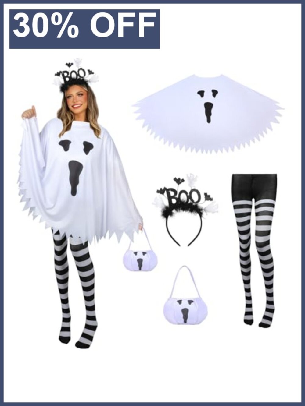 Women's Ghost Halloween Costume Set with Poncho, Headband, Candy Bag & Striped
